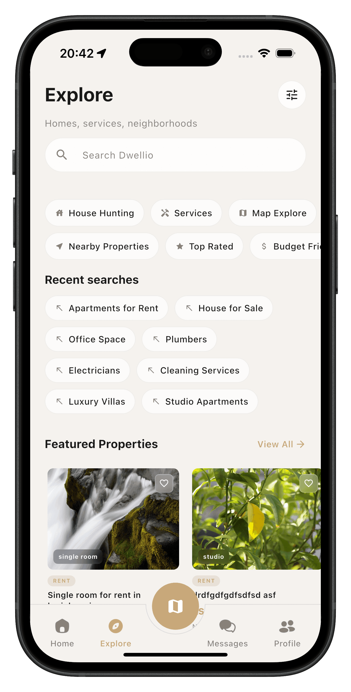 KejaYangu Explore screen showing rentals, services, and recent searches
