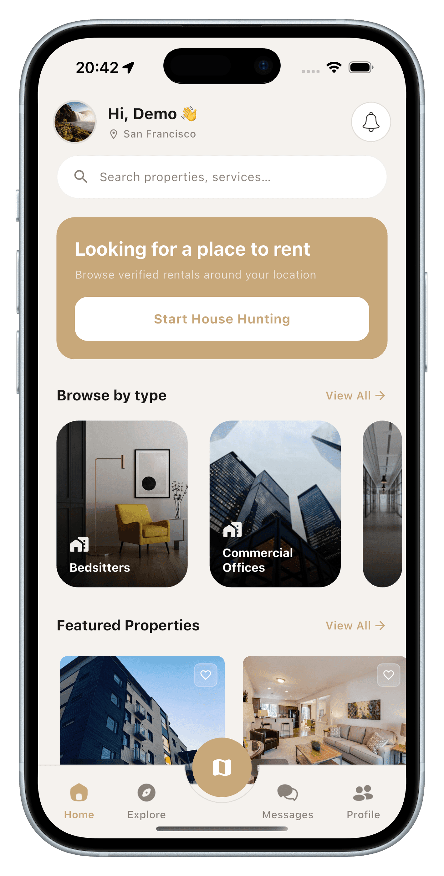 KejaYangu home screen showing property search and featured rentals